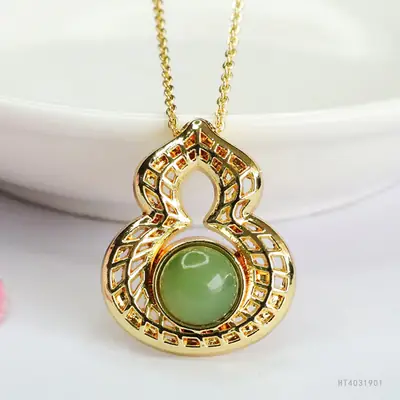 Guan Yu Jade Pendant Necklace Green Gourd Design