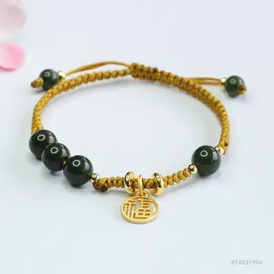 Guan Yu Jade Jasper Bracelet Gold Black Round Bead
