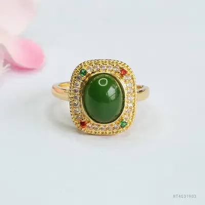 Guan Yu Jade Jasper Ring with Diamond Border