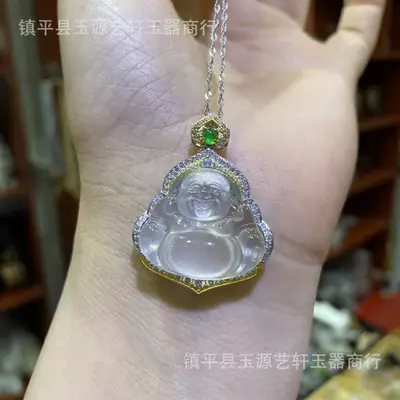 Ice Chalcedony Buddha Pendant with Agate Inlay & Silver Plating