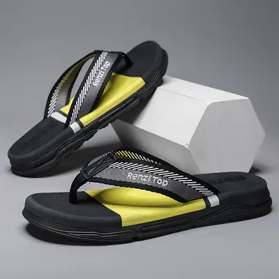 Men's Black Yellow Rubber Flip Flops Wholesale