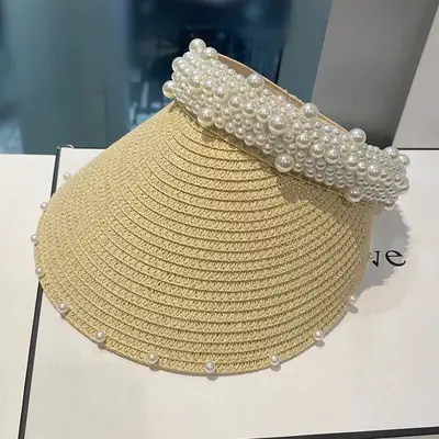 Women Straw Pearl Sunshade Hat with Hair Band