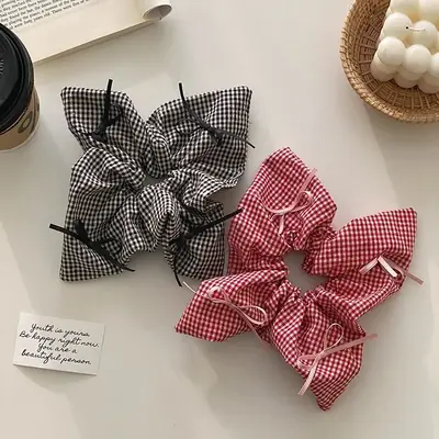 Women's Plaid Bow Hair Ring with Large Intestine Hair Ring
