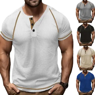 Men's Black Waffle Knit T-Shirt with Button Collar