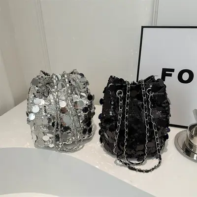 Black Sequin Chain Shoulder Bag for Women 2024