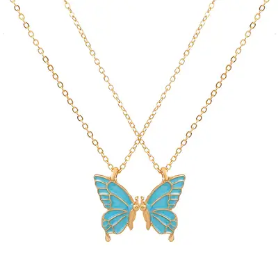Double Butterfly Oil Drop Pendant Necklace Set Gold