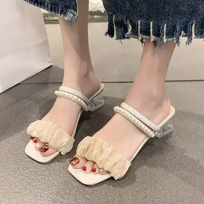 Black Pearl Heel Women Sandals Medium Thick
