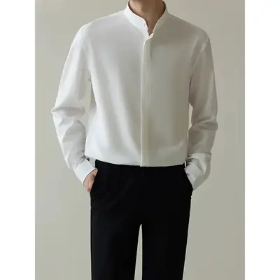 Men's Dark Green Button-Up Shirt with Vertical Collar