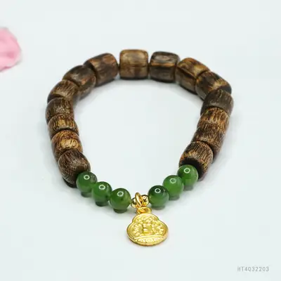 Guan Yu Jade Jasper Bracelet Agarwood Green Pearl