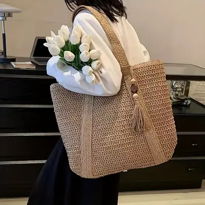 Hand-Woven Straw Tote Bag for Women Large Capacity Beach Travel