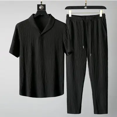 Men Black Thin Korean Style Trousers Set