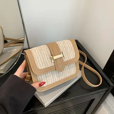 Stitched Straw Shoulder Bag Tan Beige 2024