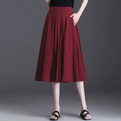 Women's Maroon Pleated Skirt High Waist Casual Summer 2024
