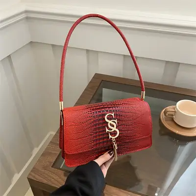 Green Croc Texture Shoulder Bag for Women 2024