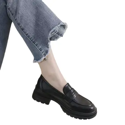Women's Black Leather Slip-on Loafers with Thick Heel