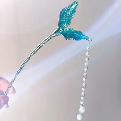 Chinese-style Blue Fish Tail Hairpin with Pearl Drop
