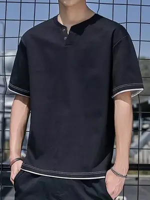 Men Korean Fake Two V Neck T-Shirt Light Blue