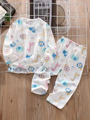 Children's Thin Summer Pajamas, Boys' Home Clothes, Cotton Suits, Girls' Long-Sleeved Air-Conditioned Clothes, Baby Kidsren's Spring & Fall Pure