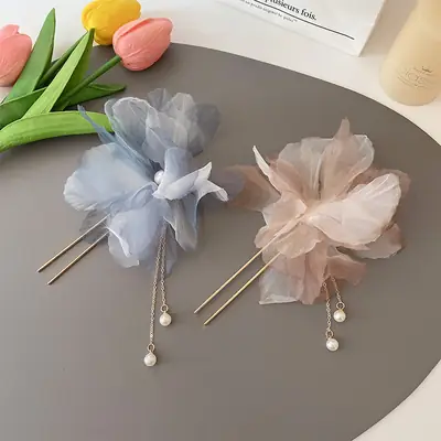 Mesh Flower Hairpin with Tassel Back for Women
