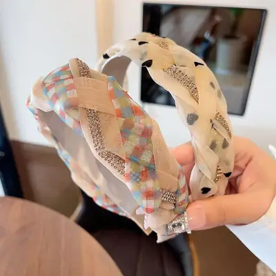 Women's Plaid Twist Headband with Net Band