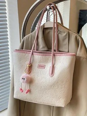 Women's Black Embossed Tote Bag with Cute Charm