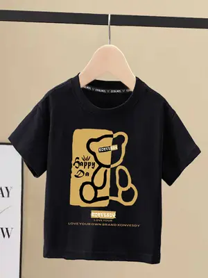 Boys 100Cotton Japanese Style Short Sleeve T-Shirt Red Sense Bear Print