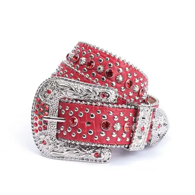 Red Rhinestone Belt with Silver Buckle for Women
