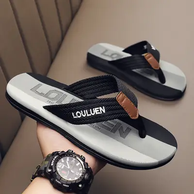 Men's Black Nylon Flip Flops with Logo