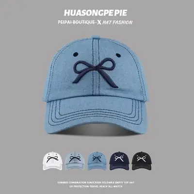 Denim Baseball Cap with Embroidered Bow for Women