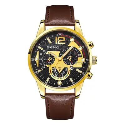Gold Chronograph Watch for Men Brown Leather Band