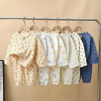 Children's double-layer cotton long-sleeved pajamas 2025 new summer casual cotton gauze suit boys and girls wholesale
