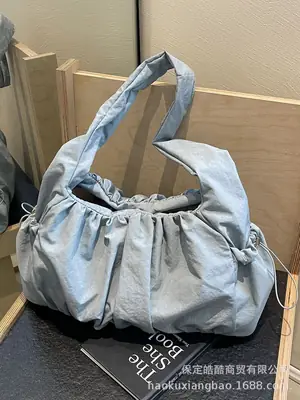 Women Pleated Canvas Shoulder Bag Light Grey Large Capacity