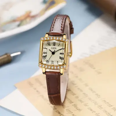 Gold Square Plate Women's Quartz Watch with Black Strap