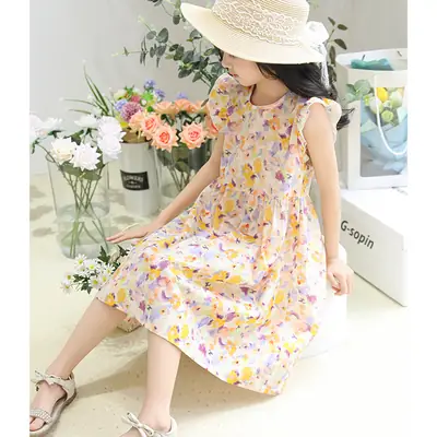 Girls Floral Dress Cotton Silk Nightgown Summer Ruffled Flying Sleeve Princess Dress for Big Children and Little Girls A-Line Skirt