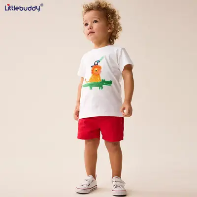 Boy's Pure Cotton Lion Print Shorts Set Red White