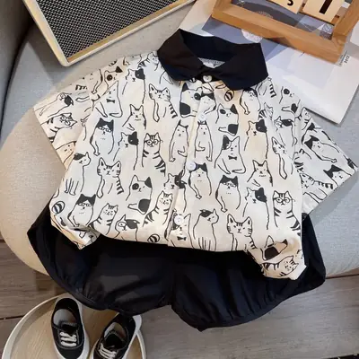 Children Cotton Cat Print Shorts Suit Summer