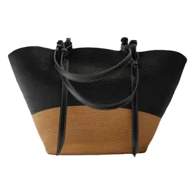 New Style Patchwork Straw Basket Bag Large Capacity Handmade Woven Bag Tote Bag Women Shoulder Bag Vacation Beach Bag