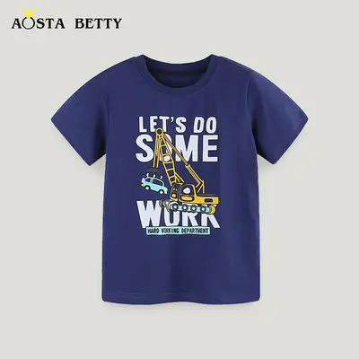 European American Boys T-Shirt Blue Construction Print