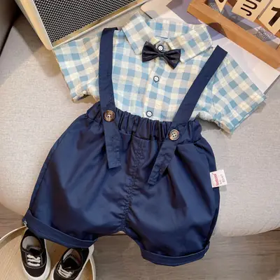 Baby Cotton Short Sleeve Suit Blue Checkered Shorts