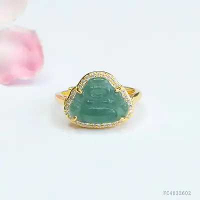 Guan Yu Jade Buddha Ring Blue Water Maitreya