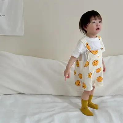 Boys Summer T-Shirt Overalls Suit Yellow Smile Print