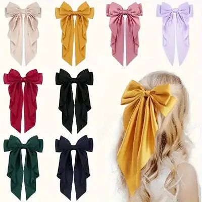 Long Satin Bow Hairpin for Women Pink Lavender Yellow