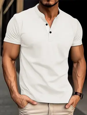 Men V-Neck Waffle Polo Shirt White Button Short Sleeve
