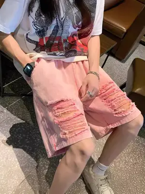 Men Pink Hole Denim Shorts Summer High Street Trendy