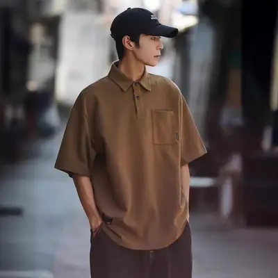 Men Japanese Style Short Sleeve Polo Shirt Brown Solid Color