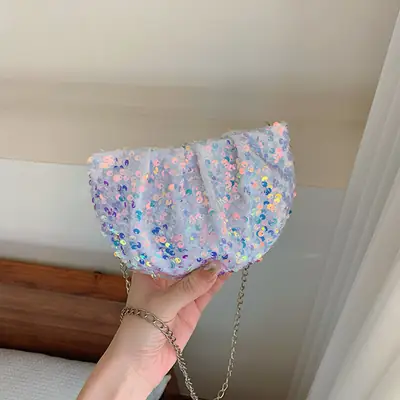 Black Sequined Chain Shoulder Bag for Women