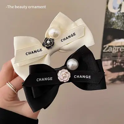 Women's Cream Bow Hairpin with Pearl Flower Clip