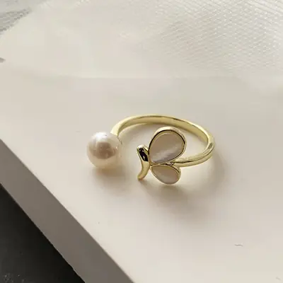 Copper Alloy Pearl Butterfly Ring with Electroplating