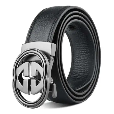 Men's Black Leather Belt with Logo Buckle