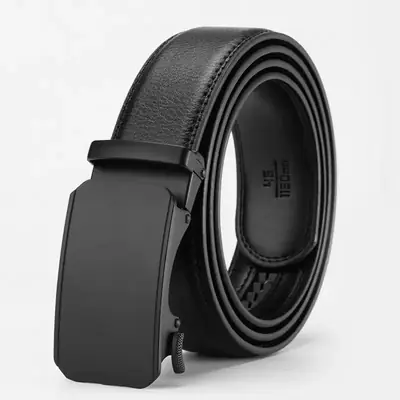 Men's Black Leather Belt with Automatic Buckle Business Casual